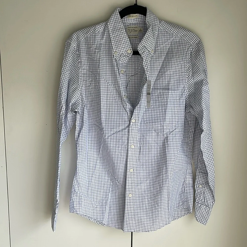 J. Crew Men's White and Blue Plaid Button Down Shirt